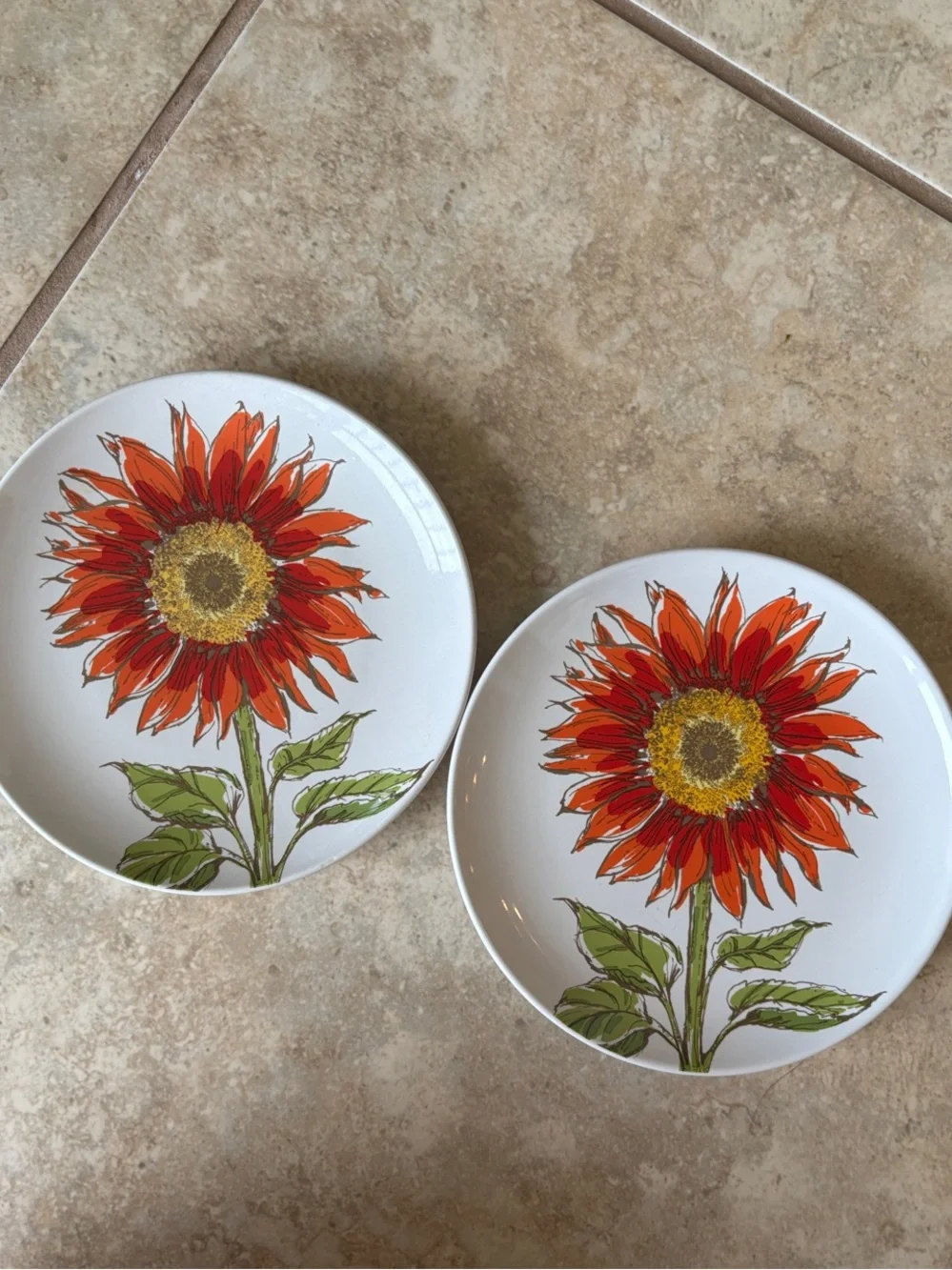 Sunflower Ceramic Salad/Dessert Plates - Set of 2, Orange Floral